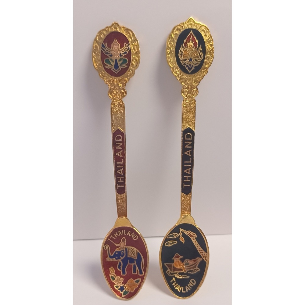2 Vintage Authentic Thailand Thai Elephant Floating Market Vendor Souvenir Spoon